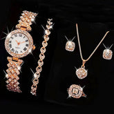 Luxury Rhinestone Roman Numeral Quartz Watch Women 5PCS Jewelry Set Bracelet Necklace Earrings Ring Gift Relojes Mujer