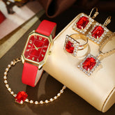 New Korean Style Casual Fashion Leather Bracelet Women's Business Square Luxury Quartz Watch Rhinestone Jewelry Set Box