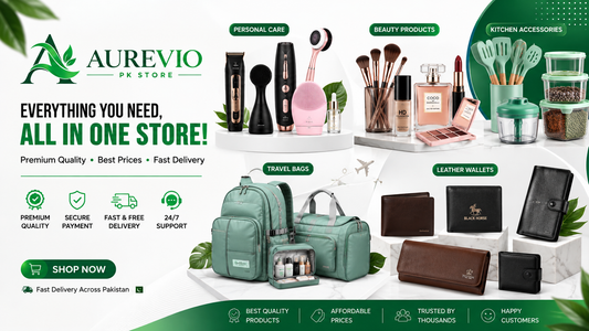 Aurevio PK Store banner featuring personal care products, beauty products, kitchen accessories, travel bags, and leather wallets