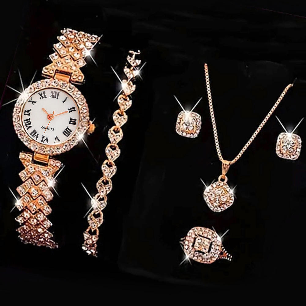 Luxury Rhinestone Roman Numeral Quartz Watch Women 5PCS Jewelry Set Bracelet Necklace Earrings Ring Gift Relojes Mujer